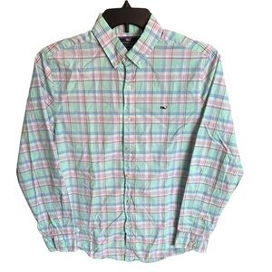Vineyard Vines Slim Fit Whale Shirt Green Pink Plaid Cotton Button Down Size S